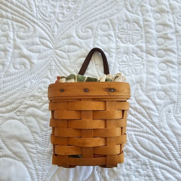 Vintage Longaberger Handwoven Mini Basket With Leather Handle Fabric Liner 1999 - Picture 1 of 10